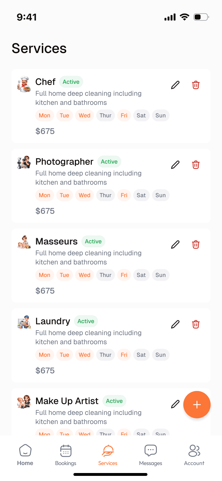 Traclet app list of active services with edit options